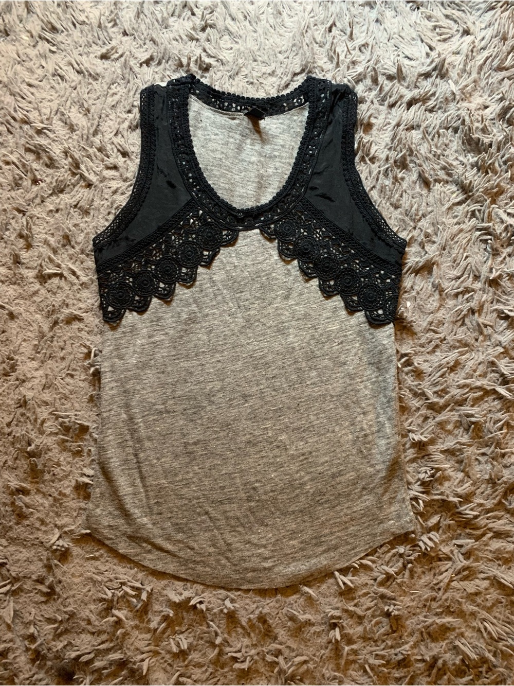 J. Crew Heather grey linen black crochet accented lace tank top sz XXS